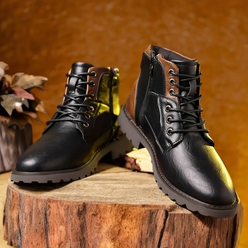 Fashion Retro Ankle Leather Men Boots High-Top Side Zipper