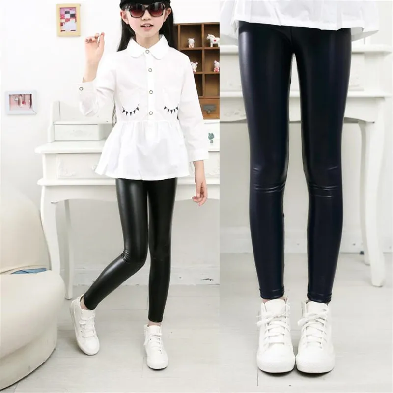 

Spring and Autumn Thin Childrenpu Long Medium and Large Children Imitation Leather Slim Feet Kidsleggings Wholesale Pants