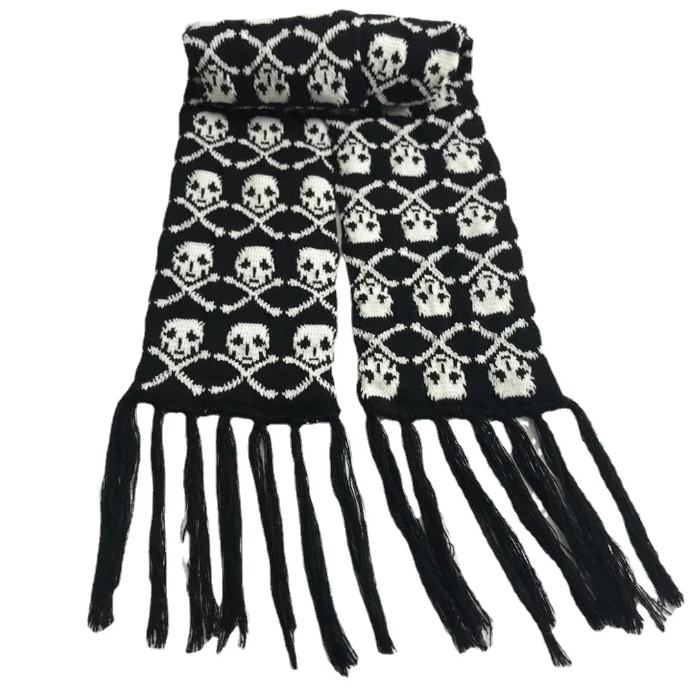 New Anime Hip-hop Autumn and Winter Skull Men's Knitted Scarf Ladies Black Tassel Skull Scarf Party Acting Gift