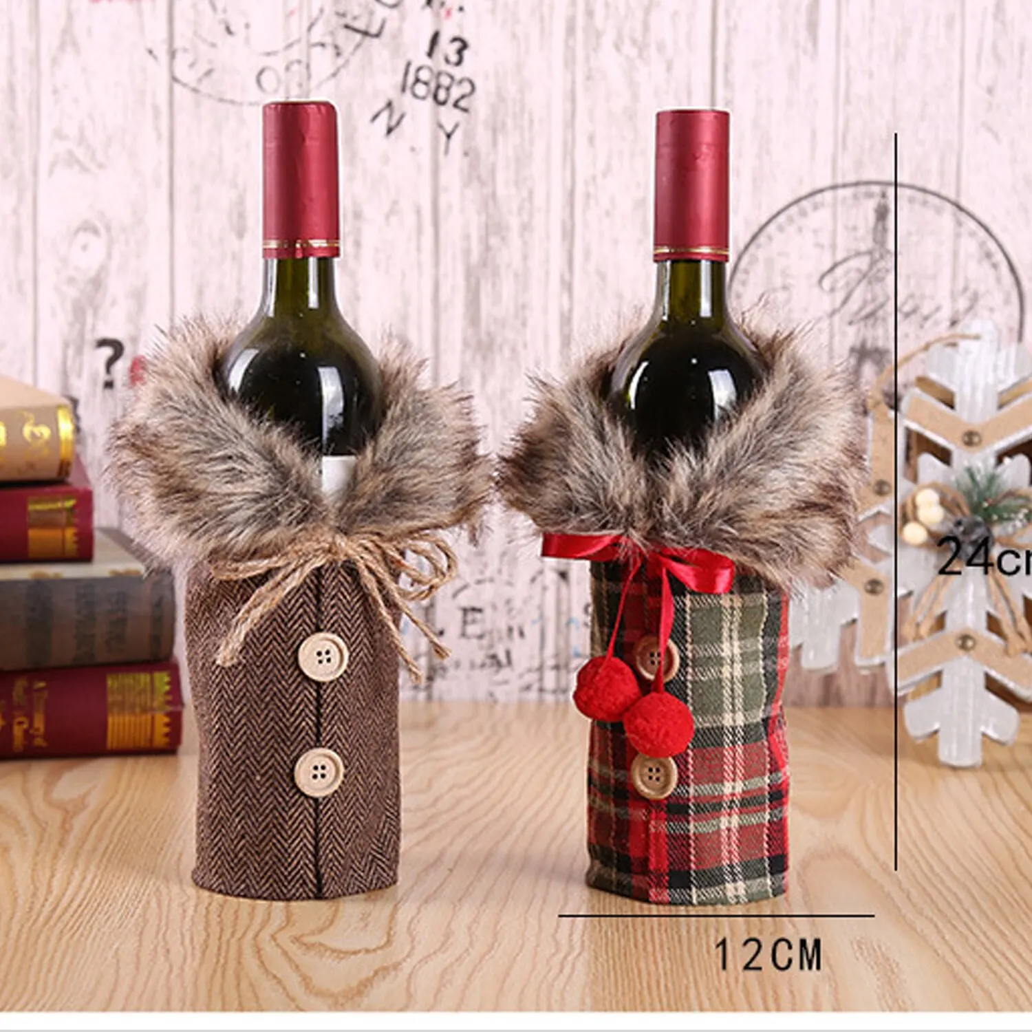 Description Picture 2 of itemChristmas Decoration Wine Set Holiday Decoration Props Bow Hemp Wool Collar Red Wine Bottle Set 2pcs