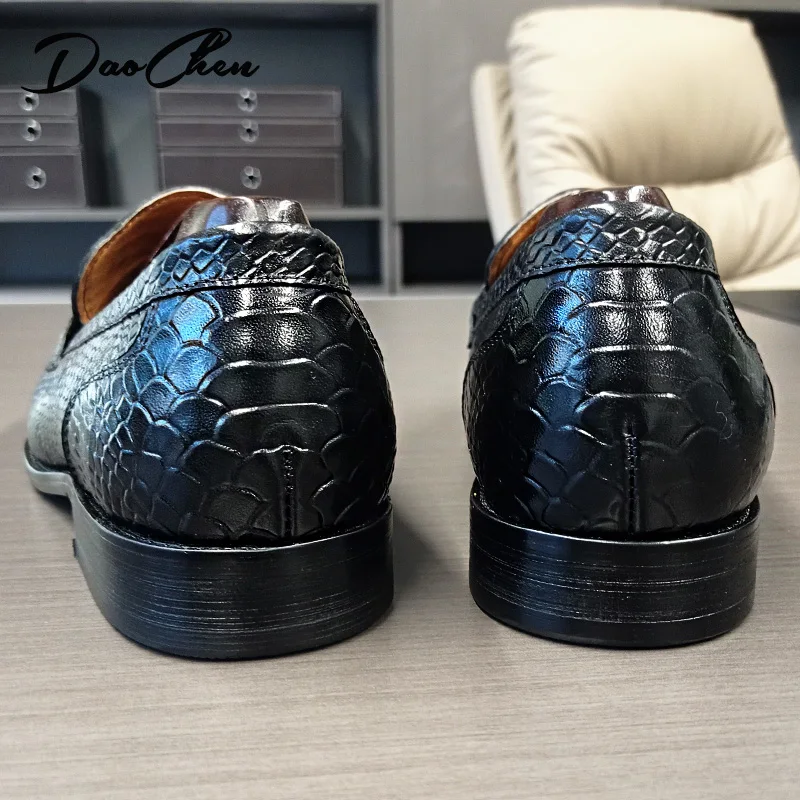 BRAND LEATHER BROWN BLACK SLIP ON SNAKE PRINT MEN'S CASUAL SHOES WEDDING OFFICE BANQUET casual loafers men_voghion.com