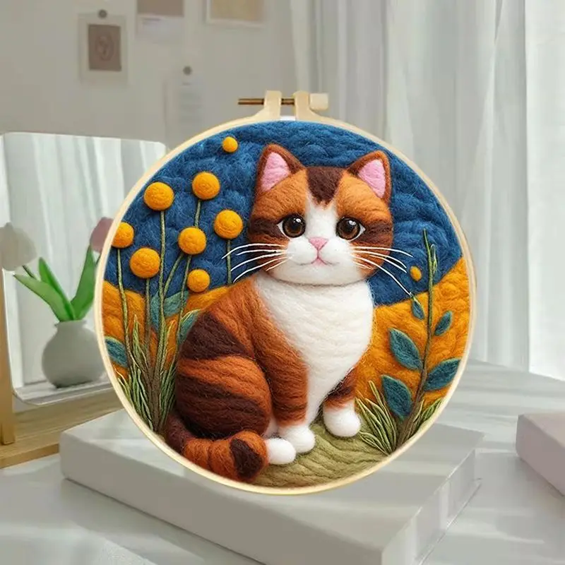 Diy Wool Felting Painting Kit Cat Animal Beginner Wool Stitch Picture Kit Needle Felting Pad Felt Cloth Used For Home Decor