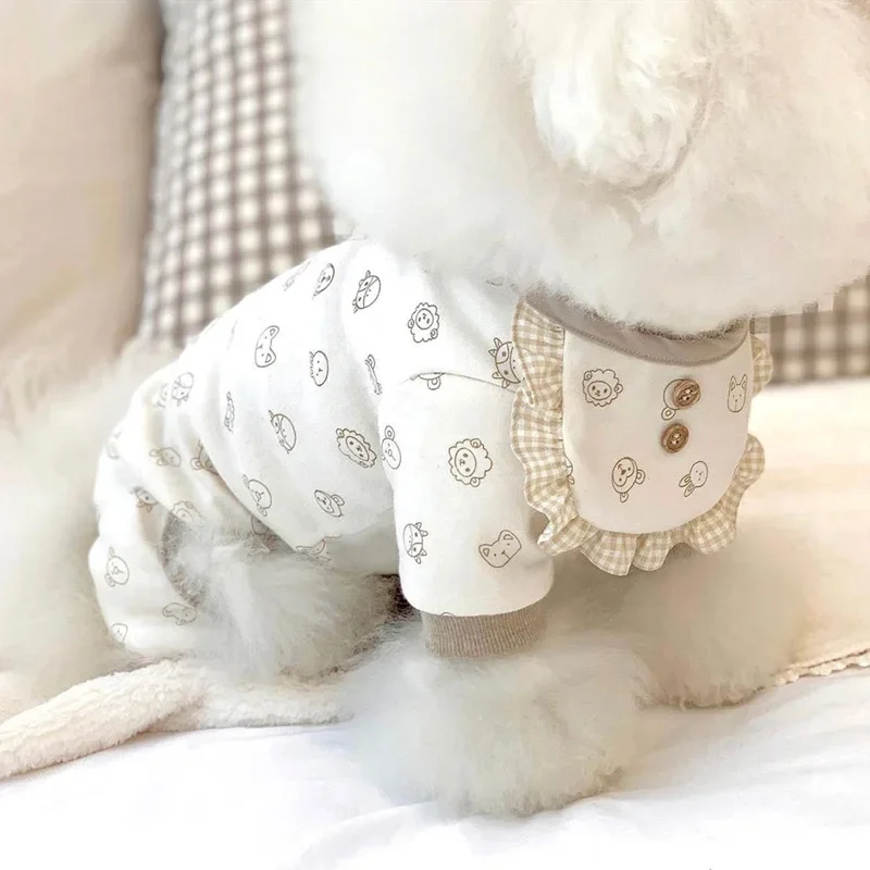 

Autumn and Winter Full Print Small Sheep Dog Home Clothing Kitten Four-legged Warmth with Saliva Towel Small Dog Pet Clothes