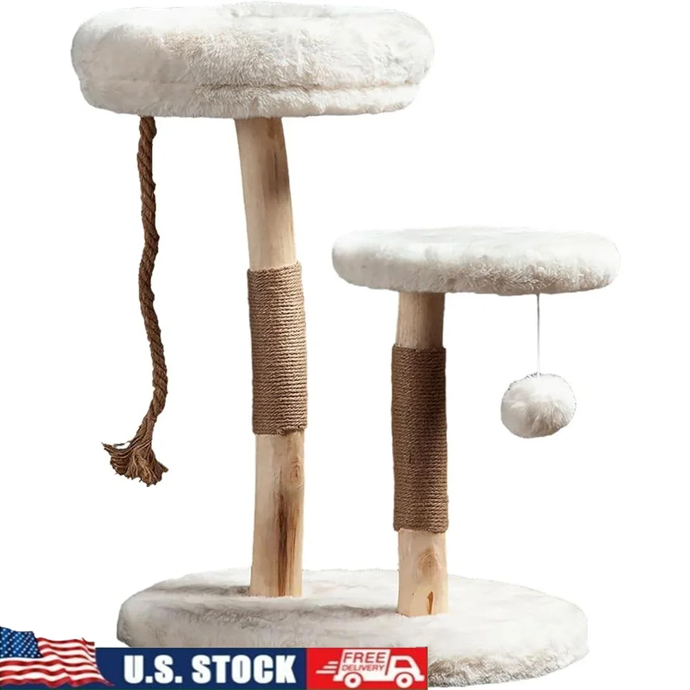 Luxury Cat Tree Condo Indoor Cat Tower with Faux Fur Bed Scratching Posts Natural Wood Platform Play House Interactive