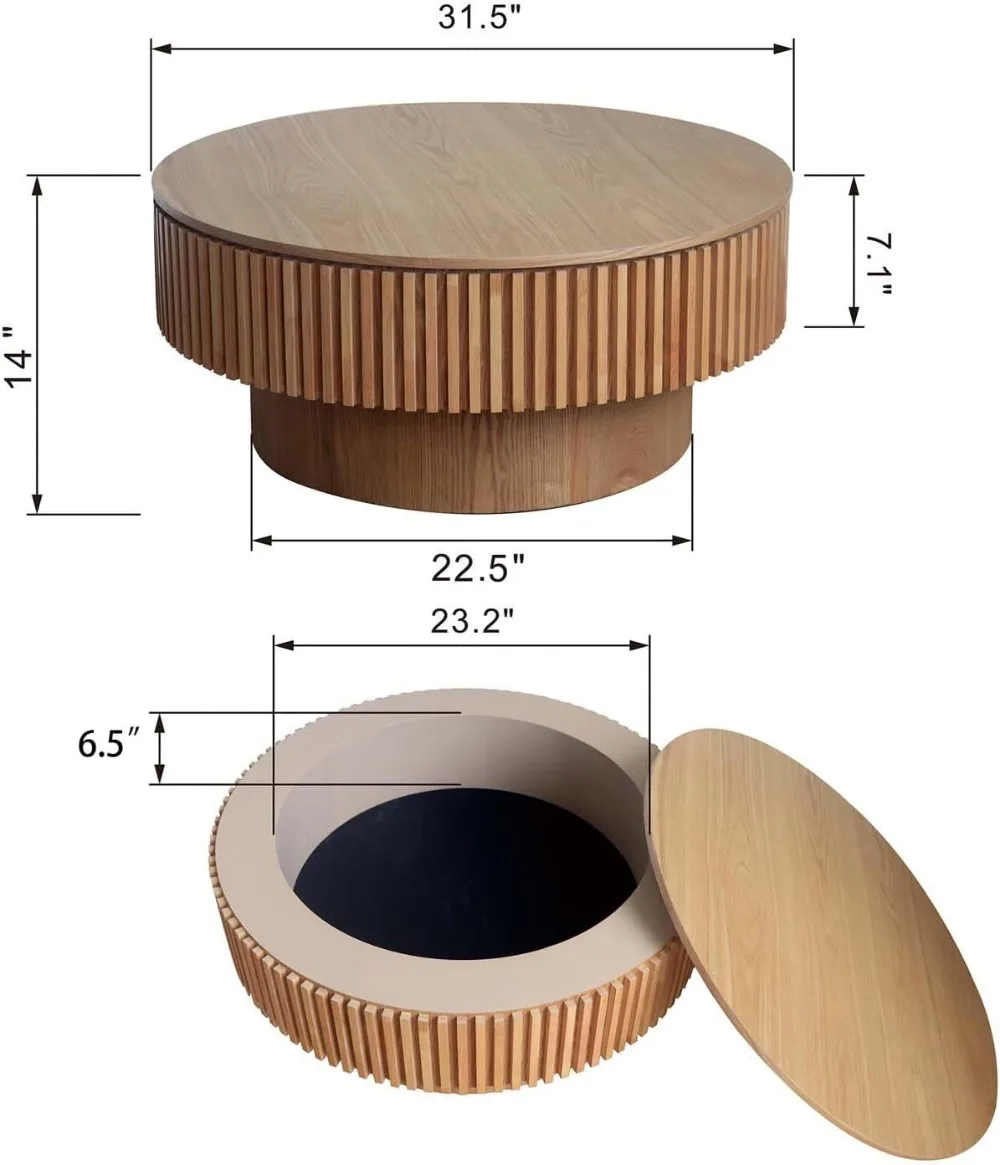 31.5'' Round Coffee Table with Storage, with Solid Wood Veneered, Circle Center Table Tea, Café Tables 2