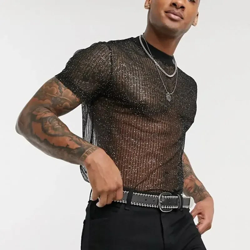 

Sexy Men Sequins See Through T-shirt Male O Neck Short Sleeve Sequin Transparent Mesh Shirts Summer Nightclub Wear Men's Clothes