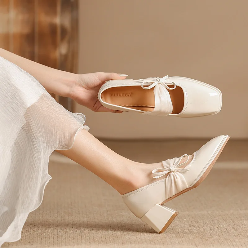 2023 Spring New Mary Jane Shoes High Heel Single Shoes Square Head Shallow Mouth Thick Heel Bow Patent Leather Shoe