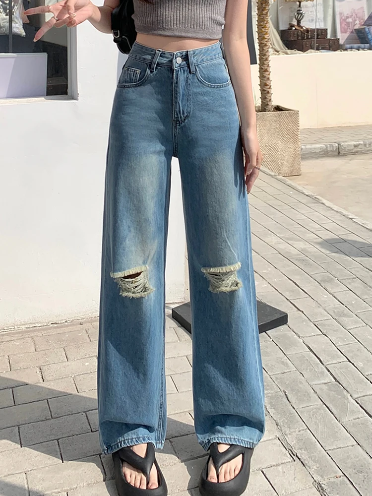 

Leisure High Waisted Perforated Ultra Soft Denim Loose Wide Leg Pants 2024 New Fashionable Women'S Clothing