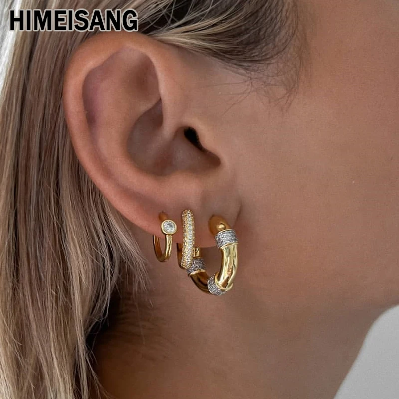 

HIMEISANG Silver Gold Filled Hoop Earrings for Women CZ Zirconia Piercing Round Sutd Earrings 2022 Trend Party Jewelry Wholesale