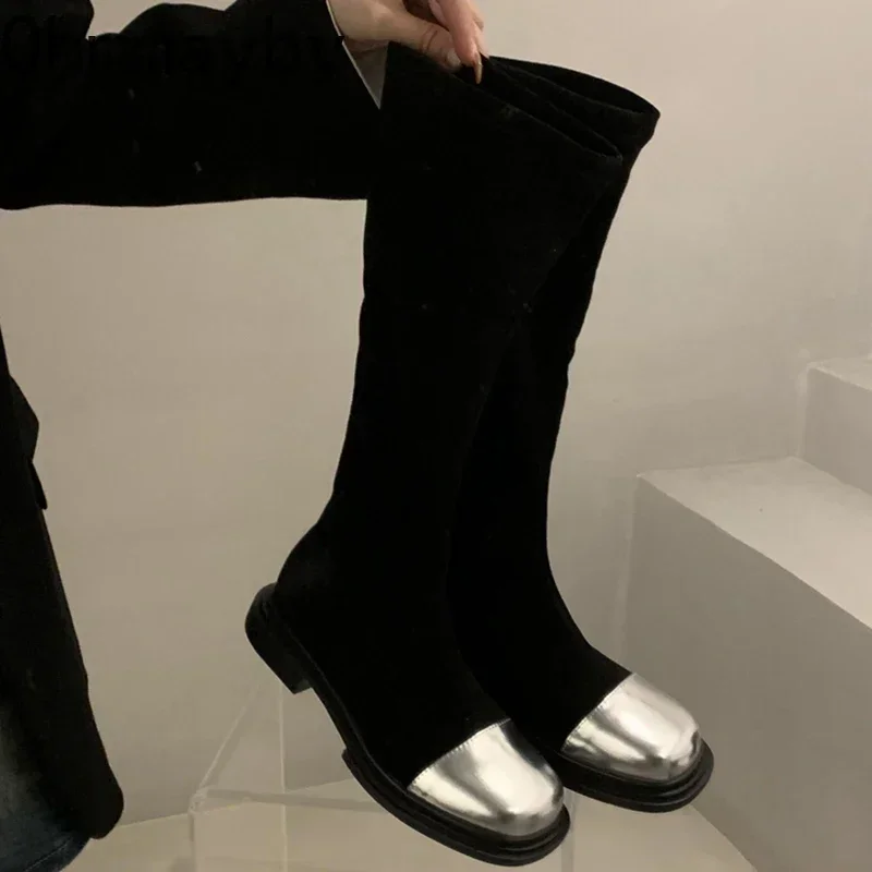 2023 NEW Sllip on Women Elastic High Boots Fashion Square Toe Long Booties Ladies Elegant Low Heel Shoes Winter Women's Footwear