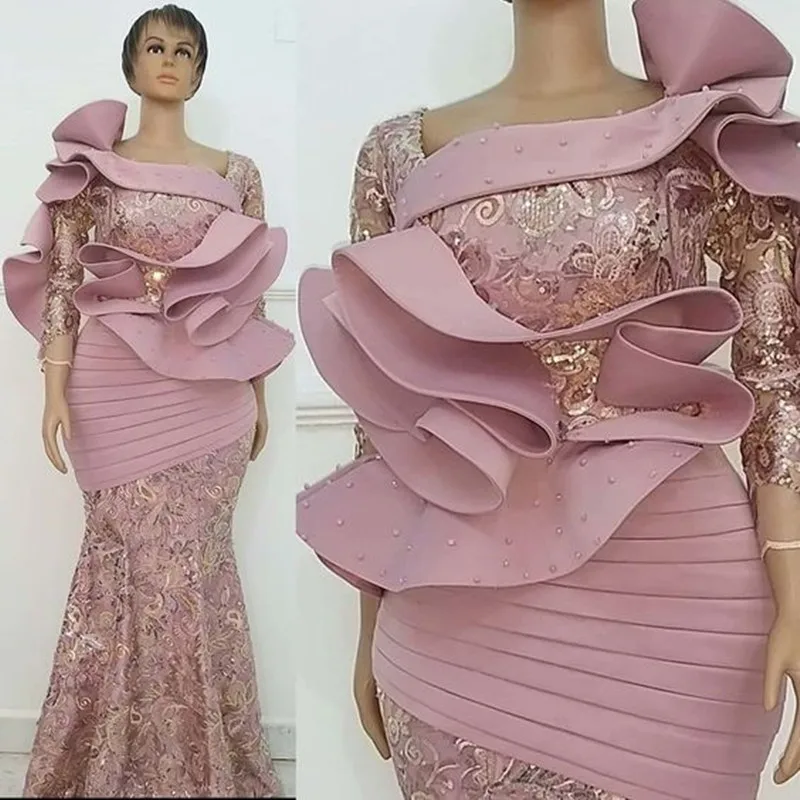 Lavender Long Sleeve Mermaid Mother of The Bride Dresses Lace Stain African Aso Ebi Ruffles Mother Occasion Gown