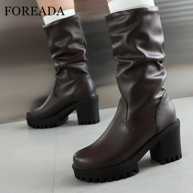 

FOREADA Women Mid Calf Boots Round Toe Platform Thick High Heels Pleated Concise Lady Fashion Shoes Autumn Winter Black Brown 43