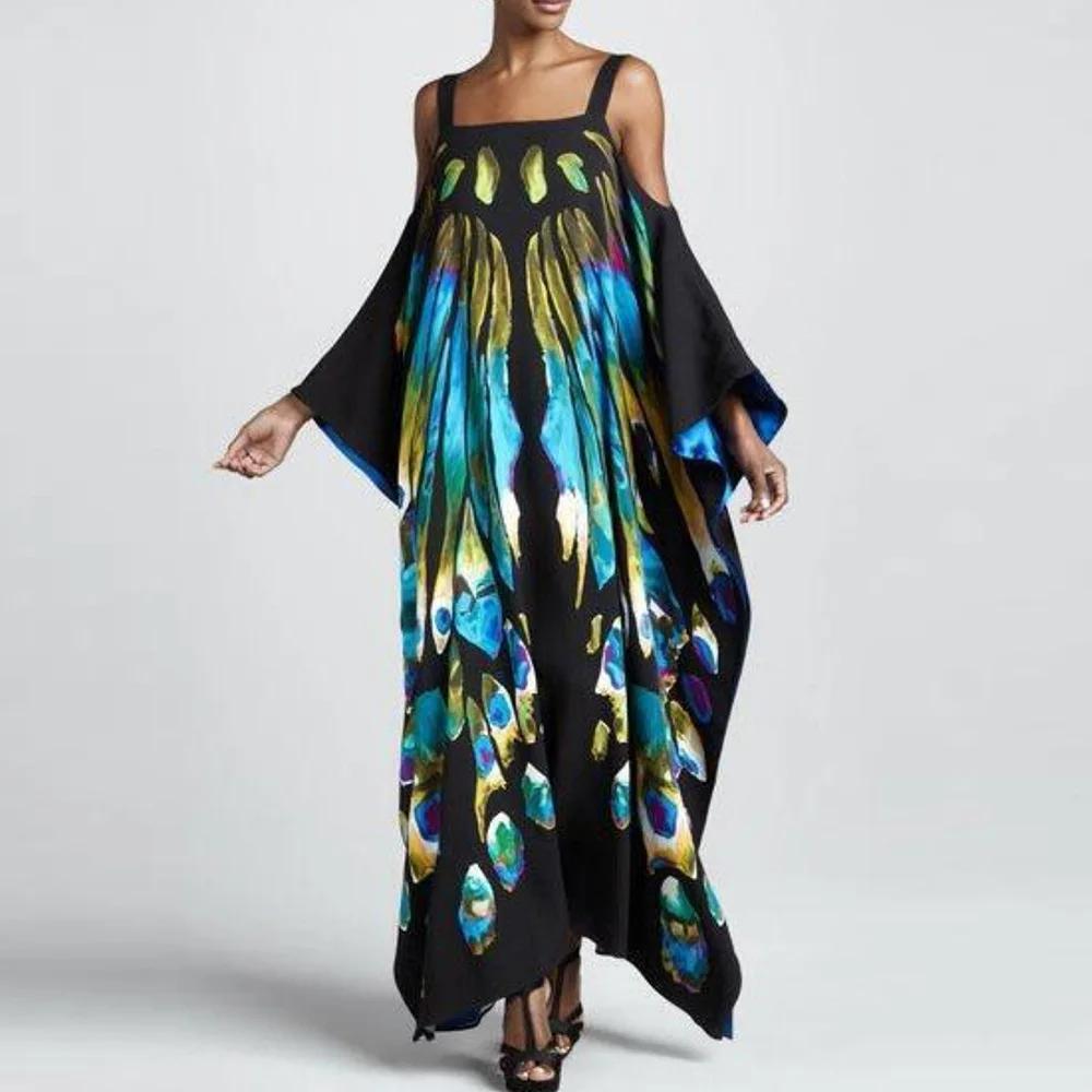 

2022 Summer Quick Dry Bikini Cover-ups Loose Sling Maxi Dress Women Black Print Beachwear Swimsuit Cover Up