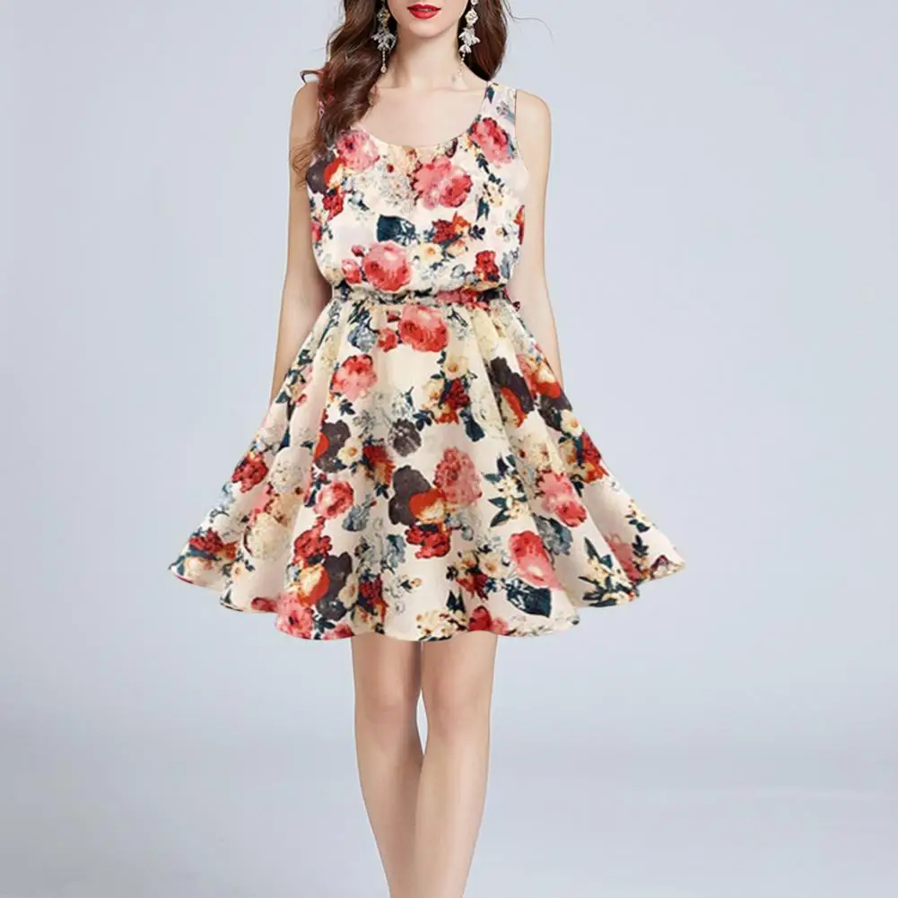 

Women Summer Dress Sleeveless Colorful Flower Print Round Neck A-line Big Hem Dress-up Chiffon Tight Waist Beach Dress