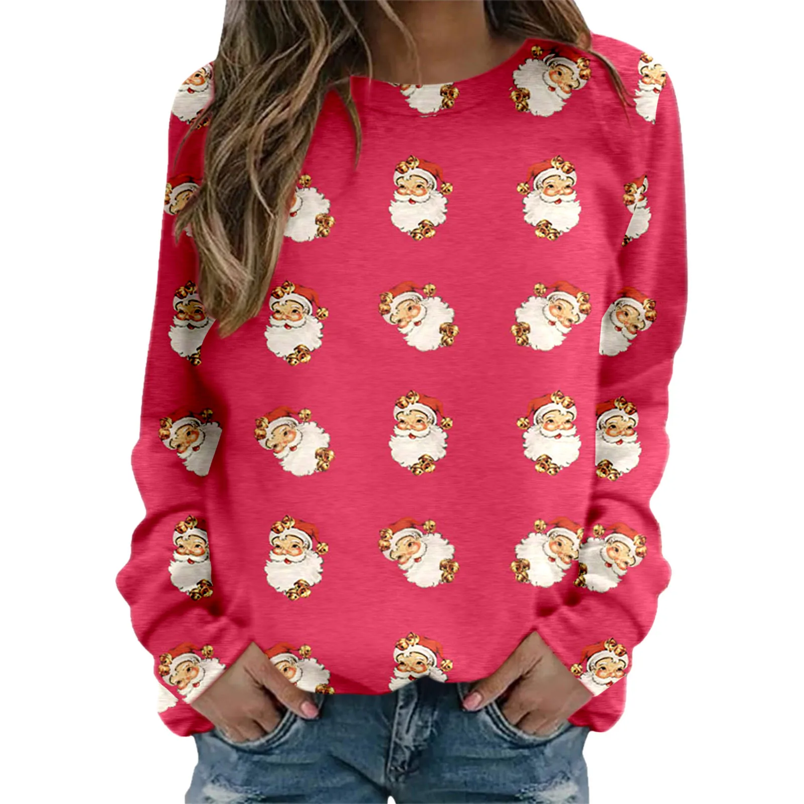 

Womens Merry Christmas Print O Neck Round Neck Fit Pullover Tops Fashion Long Sleeve Graphic daily shirt sudadera mujer chic