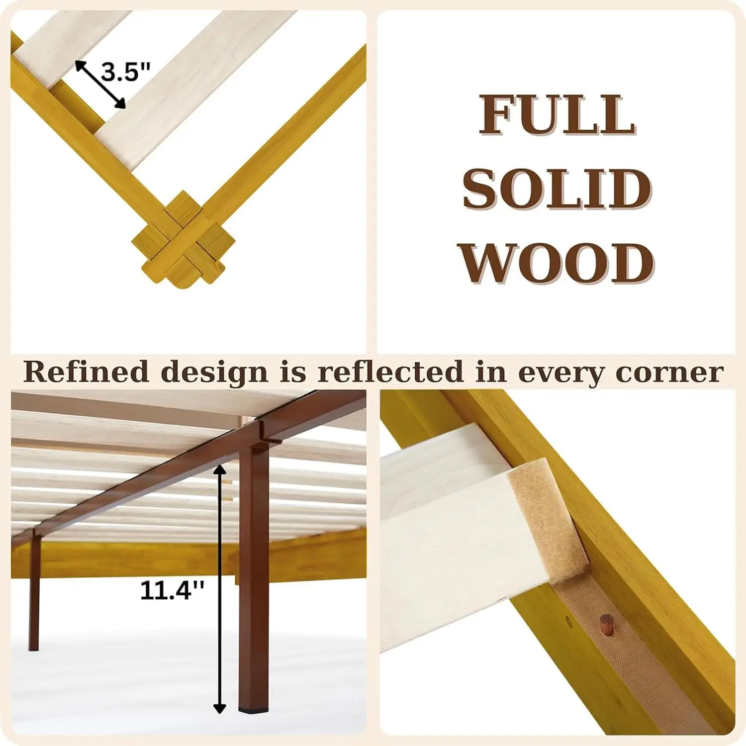 14” Solid Wood Bed Frames  Wood Platform Bed Frame Japanese Joinery Frame Wood Slat Support Without Box Spring