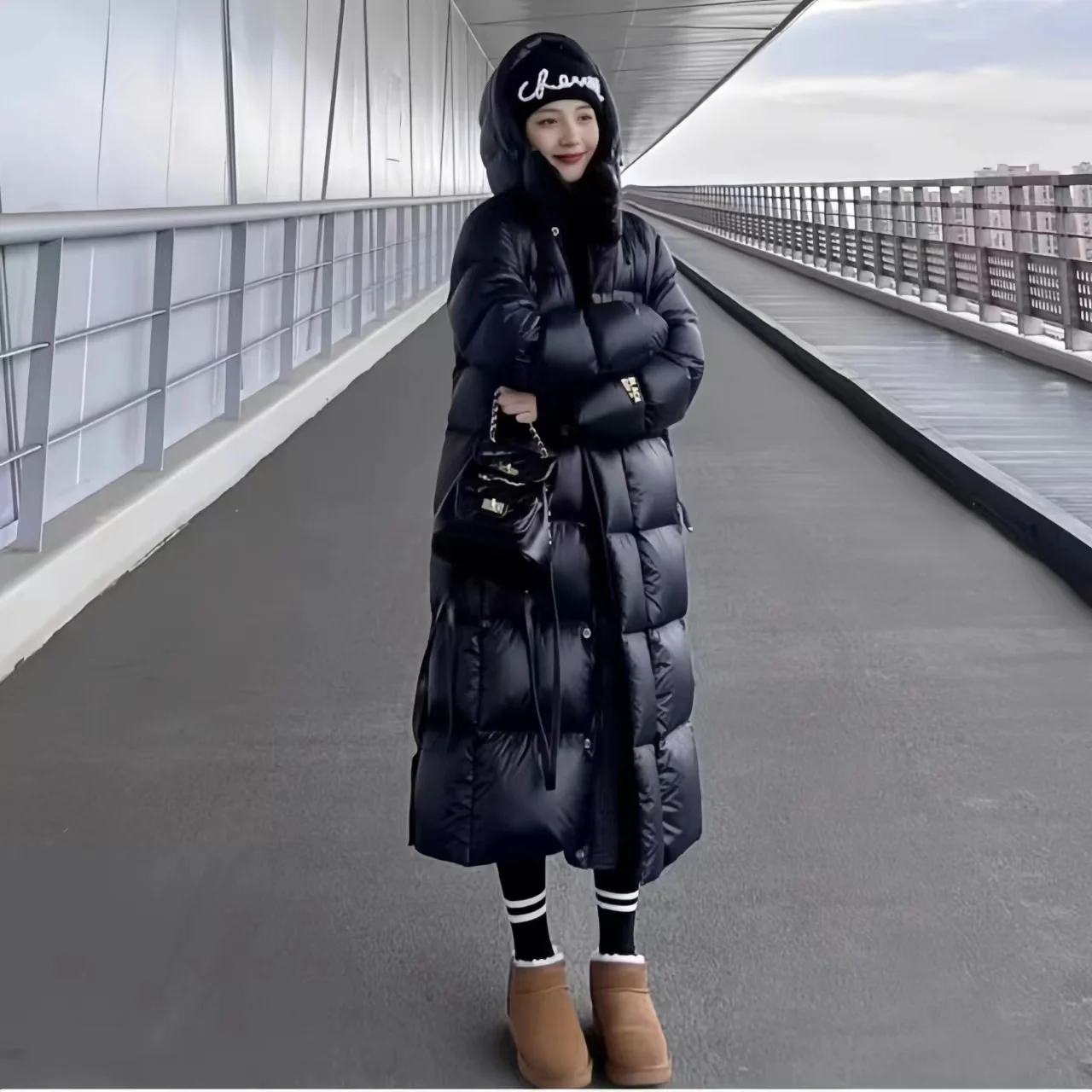 Black Glossy Down Jacket, Long and Thick Hooded Couple's Black, Gold, and White Duck Down Wash Free Jacket, New for Winter