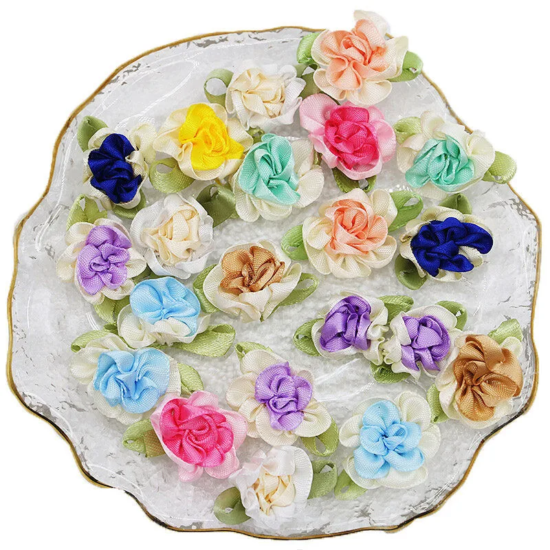 (20pcs/pack) 20*40mm Double Ribbon Leaf Silk Flower Simulation Jasmine Flower Hand Sewn Braided Hair Accessory Party Decoration