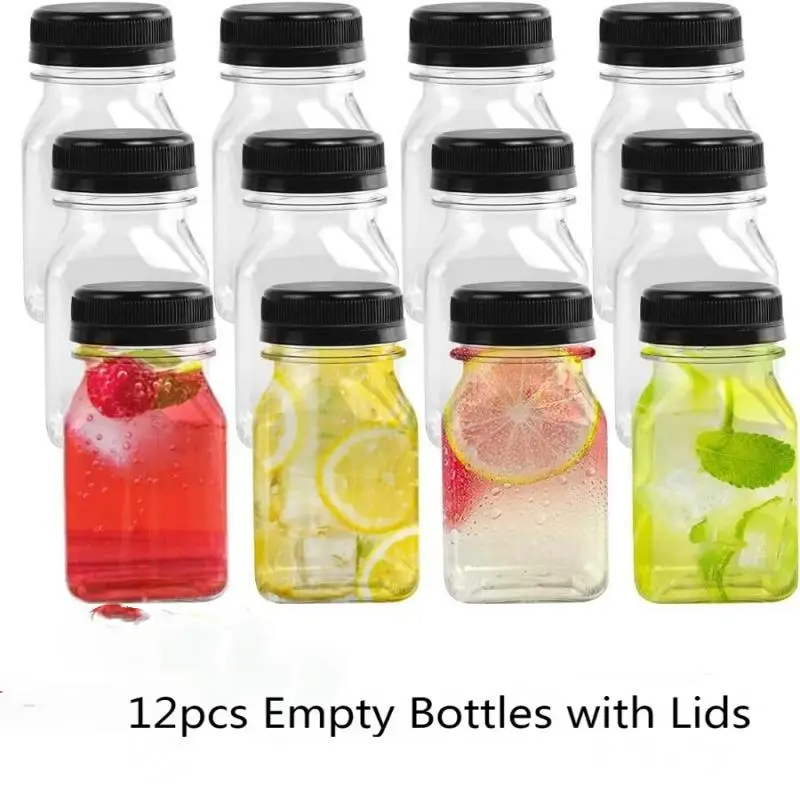 Empty Drink Bottles with Black Lids Plastic Tamper Proof Drink Containers 12Pc 60ml