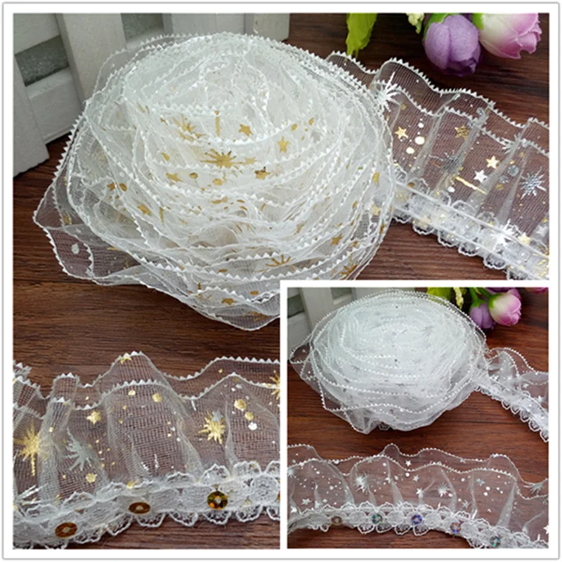 3-Layer Golden Silver Stars Flower Lace Gathered Pleated sequined Trim DIY Lace fabric 1/ 3/ 5yards
