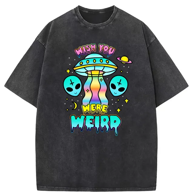 Wish You Were Weird-camisetas de manga larga con estampado de OVNI Alien para hombre, sudaderas de algodón lavadas Unisex, Tops de estilo inglés 1