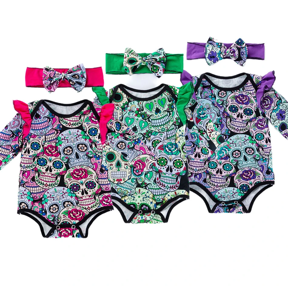 Newborn Romper with Bow Headband Kid Flower Skull Outfit Baby Girl