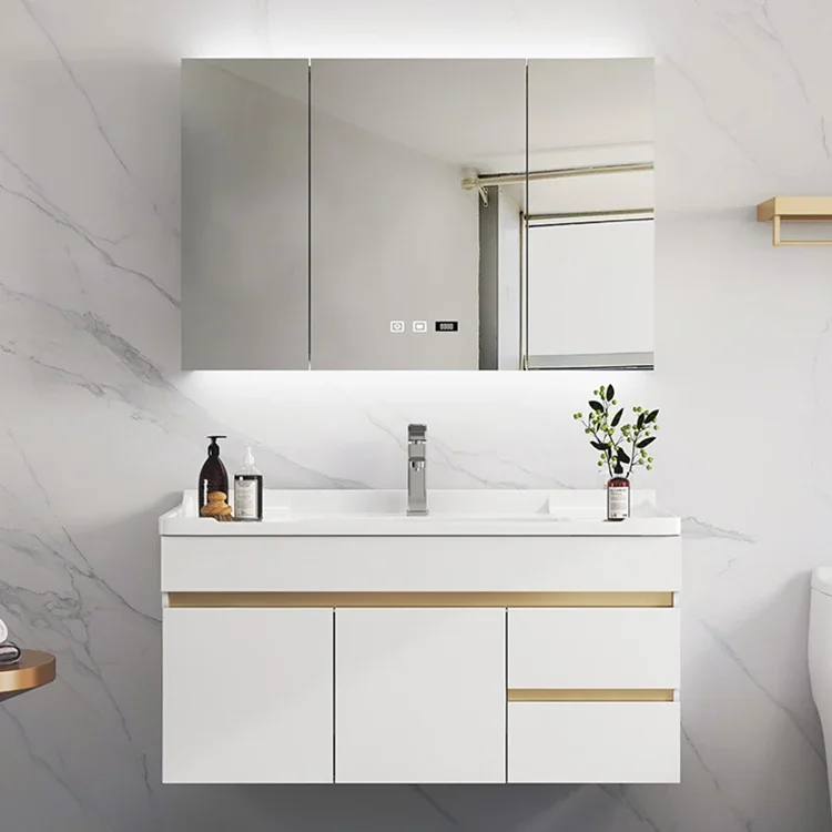 Waterproof Washroom Furniture small Modern white Mount Floating Bathroom Storage Vanity Cabinets Sets With Sink Basin