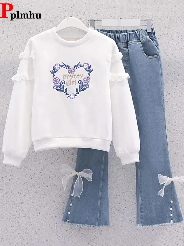 

Spring Fall Girls Casual Conjuntos Sweet O Neck Sweatshirts Tops And Fashion Design Flare Jeans Ensemble Children's 2 Piece Sets