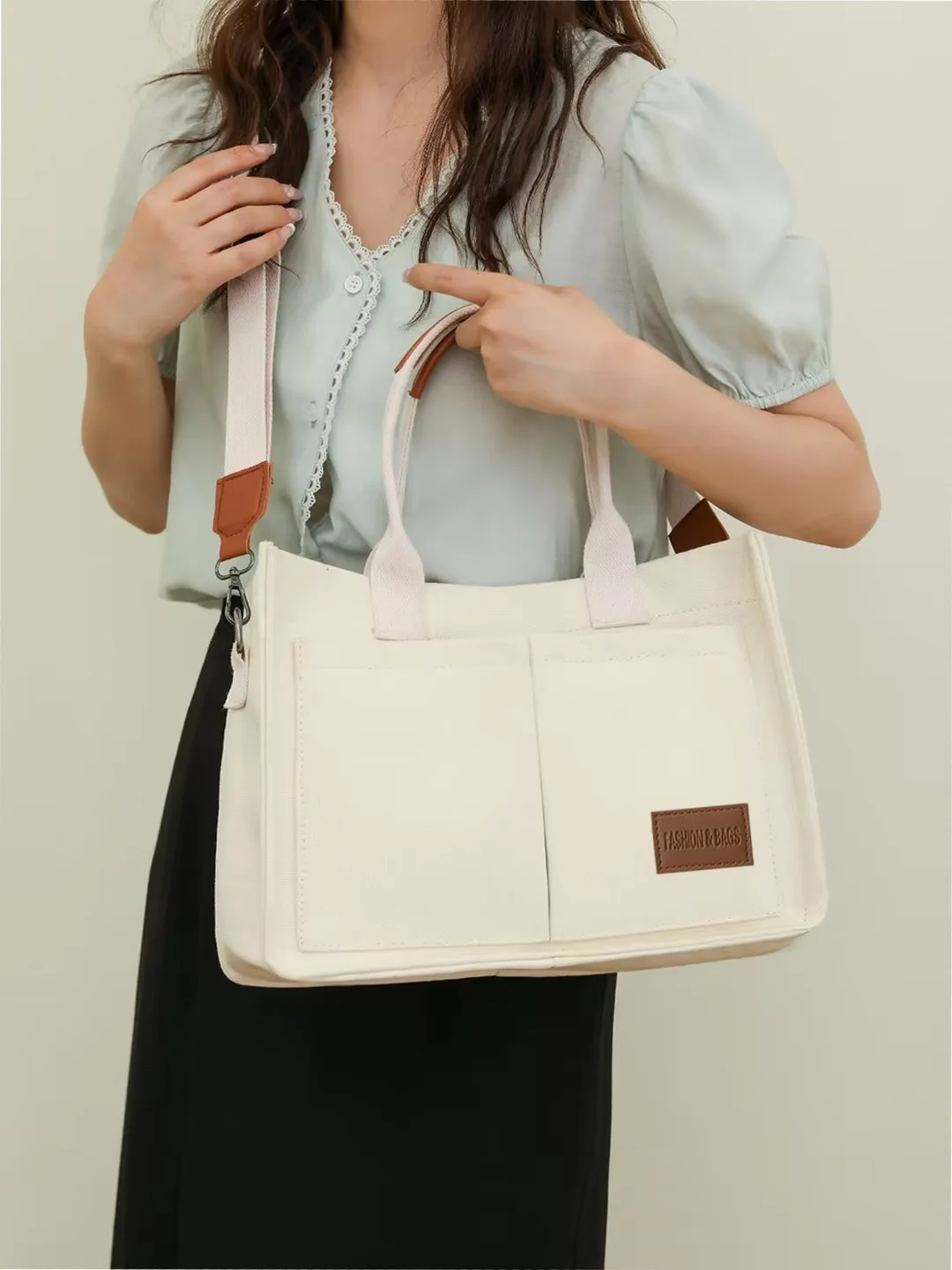 Neu eingetroffene Canvas-Einkaufstasche für Damen mit Taschen, große Umhängetasche, Umhängetasche, Handtasche, alles für die tägliche Arbeit – Detail 8