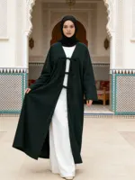 Hot sell Elegant Belted Corduroy Dark Green Abaya Cardigan Women Muslim Modest Outerwear Ramadan Abaya Islam Dubai Arabic Tops