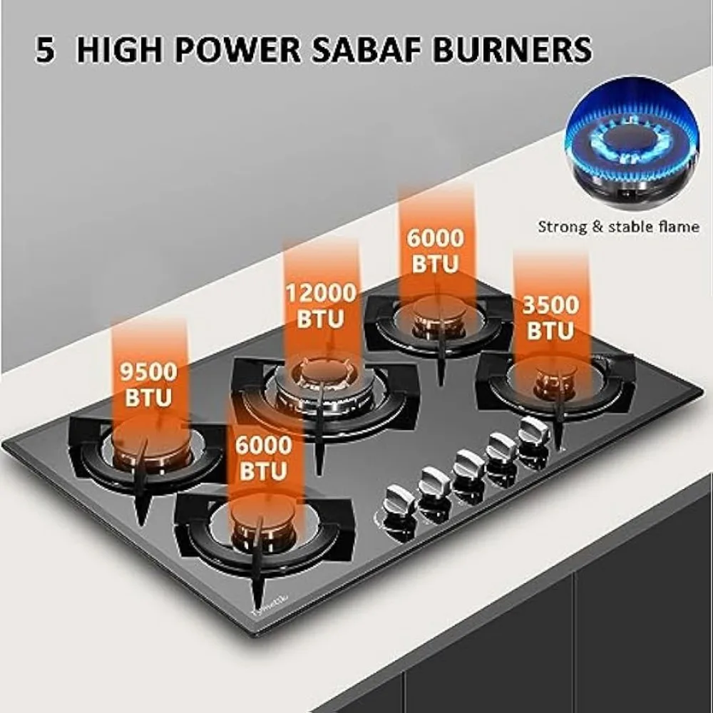 Gas Cooktop 30 Inch, Built-in Tempered Glass Gas Stovetop 5 High Efficiency Burners Stove Top Propane