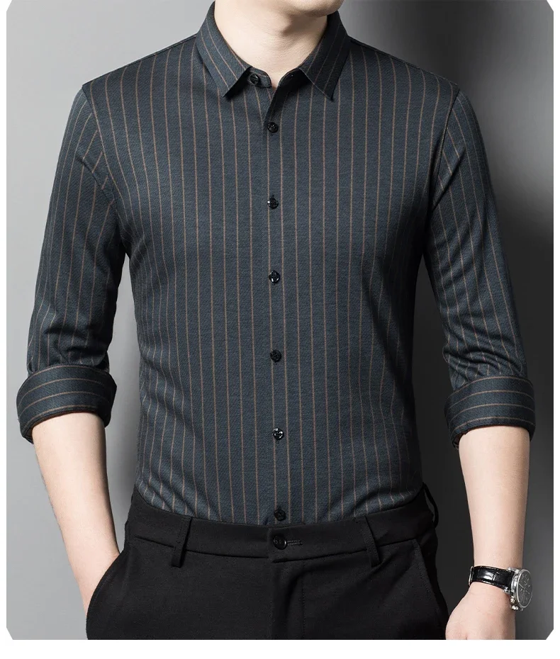Seamless Wool Spring Autumn Men's Dress Shirts Luxury Striped Long Sleeve Business Casual Single Breasted Male Shirts 4XL