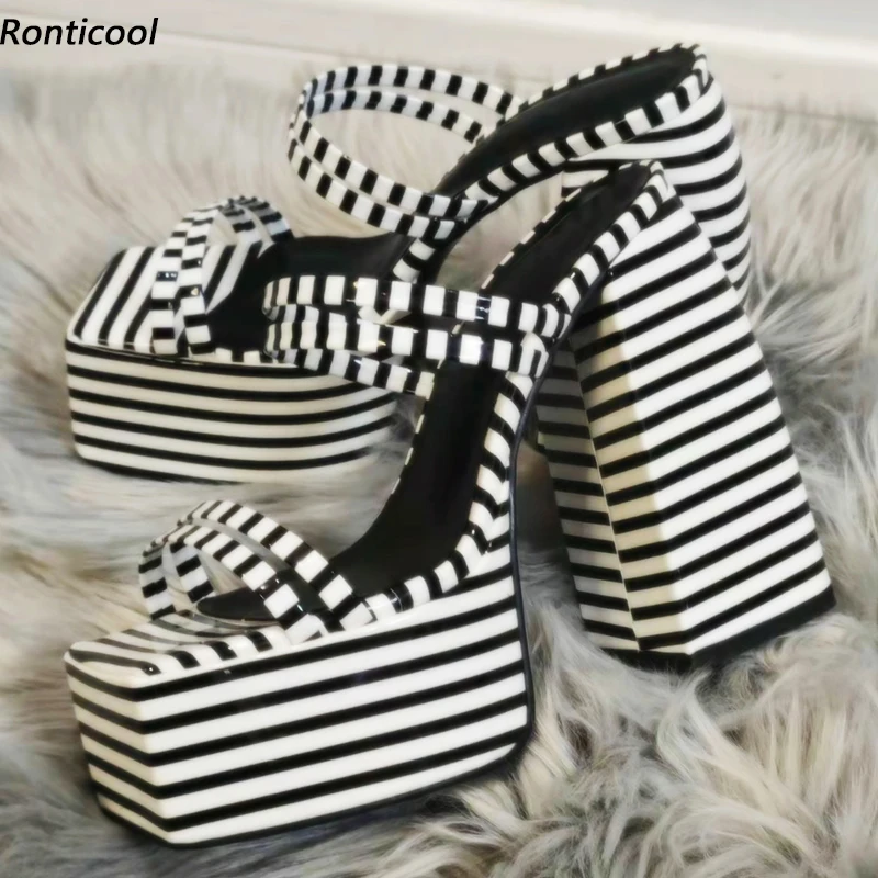 

Ronticool 2022 Women Platform Slingback Sandals Patent Leather Chunky Heels Square Toe Black White Striped Shoes US Size 4-12