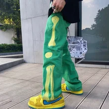 

HOUZHOU Streetwear Y2k Jeans Women Harajuku High Waist Green Gothic Denim Pants Men Wide Leg Trousers Loose Harajuku Hip Hop