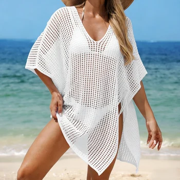 Pure Color V-Neck Side Slit Tie Up Knitted Top, Casual Loose Fit Hollow Out Beach Cover-Up, Vacation Style Plain Beachwear