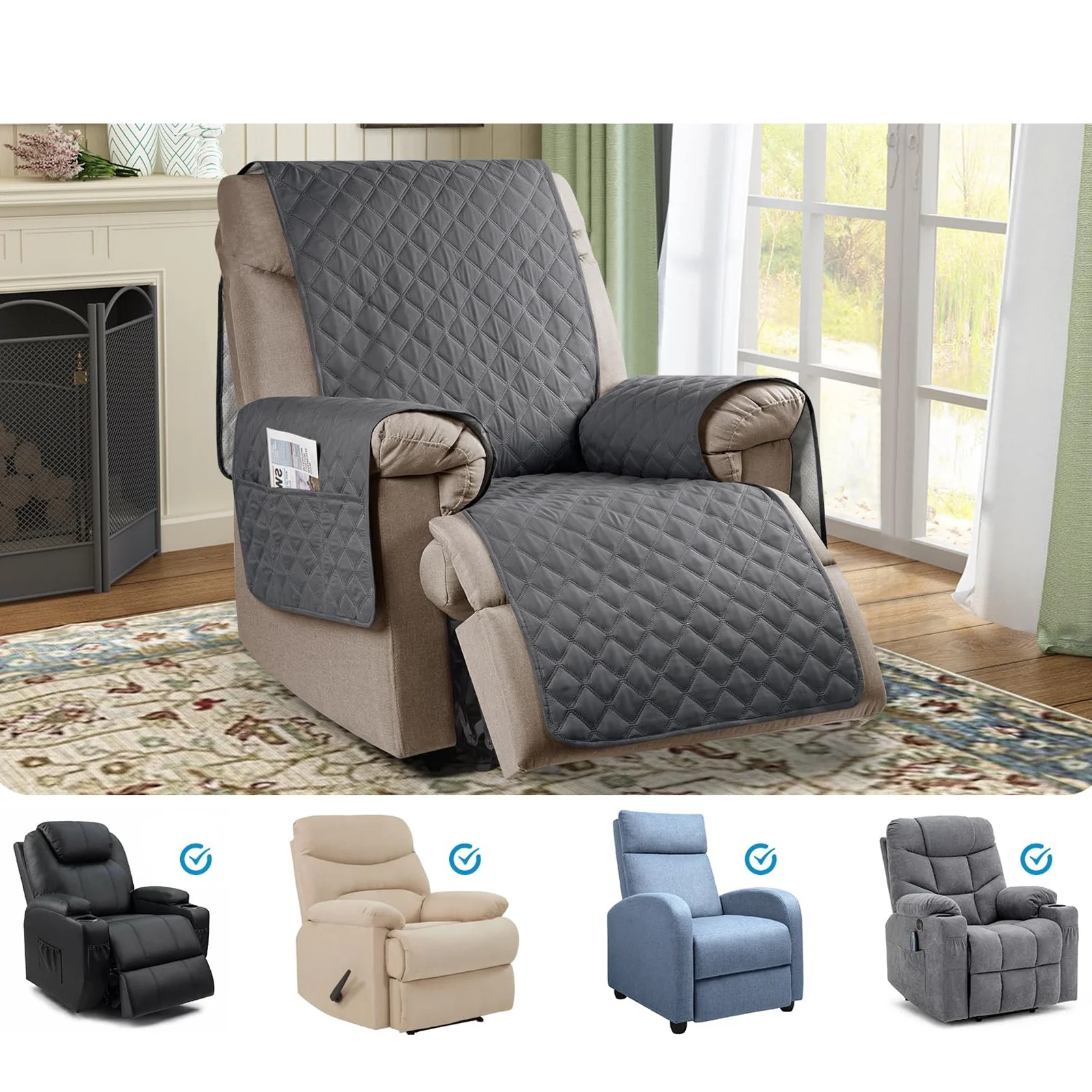LANMOLIFE Waterproof Recliner Cover Single Recliner With Pockets Non-Slip Covers Machine Washable Furniture Covers Pet Children 6
