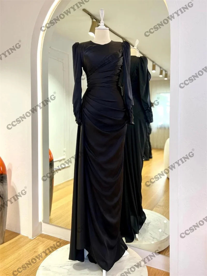 

Fashion Satin Solid Color Muslim Evening Dresses Long Sleeve Islamic Formal Party Gowns Round Neck Women Arabic Robes De Soirée