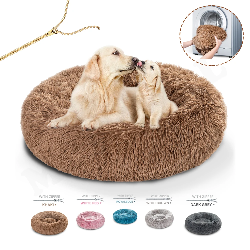 Round Long Plush Dog Bed Removable Washable Zipper Pet Mat Winter Warm Sleeping Cats Nest Soft