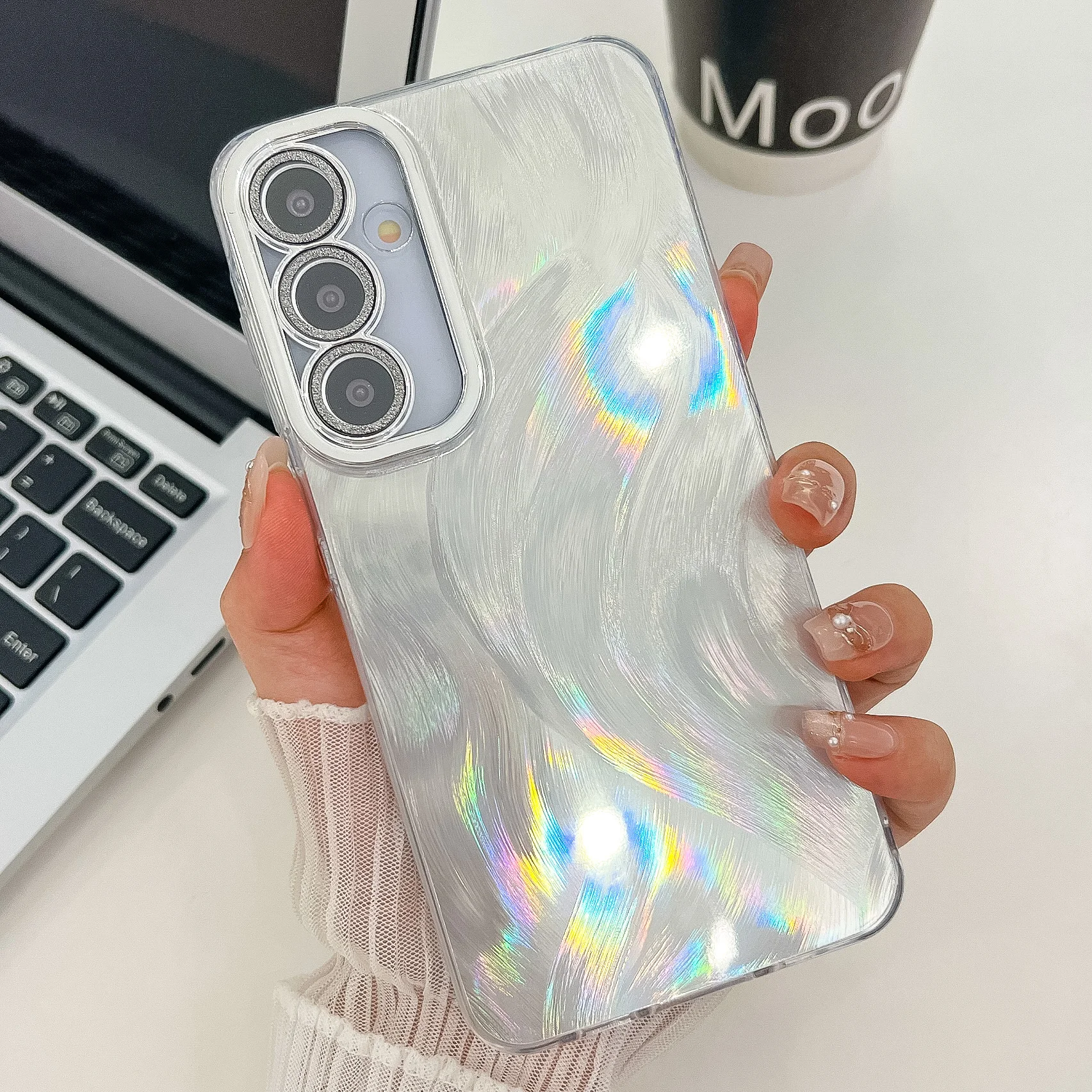 Luxury Laser Feather Gradient Rainbow Phone Case with Lens Film