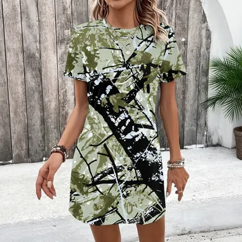 Abito a maniche corte con stampa mimetica astratta, top verde, tunica casual, mini abito estivo, abbigliamento per feste in spiaggia, S-2XL