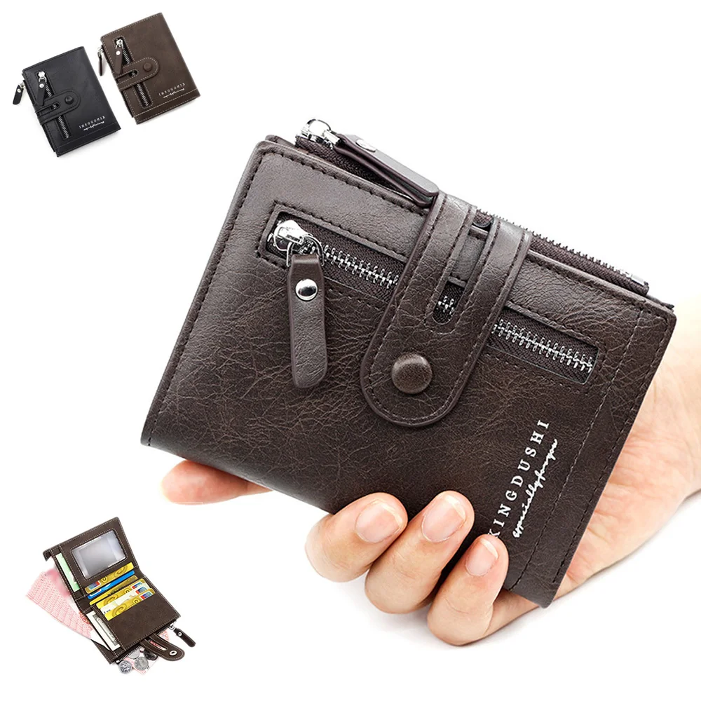 

Men Short Wallet Snap Purses Bifold Pocket ID/Credit Vintage Simple PU Leather Male Card Holder Zipper Mini Purse Money Bag