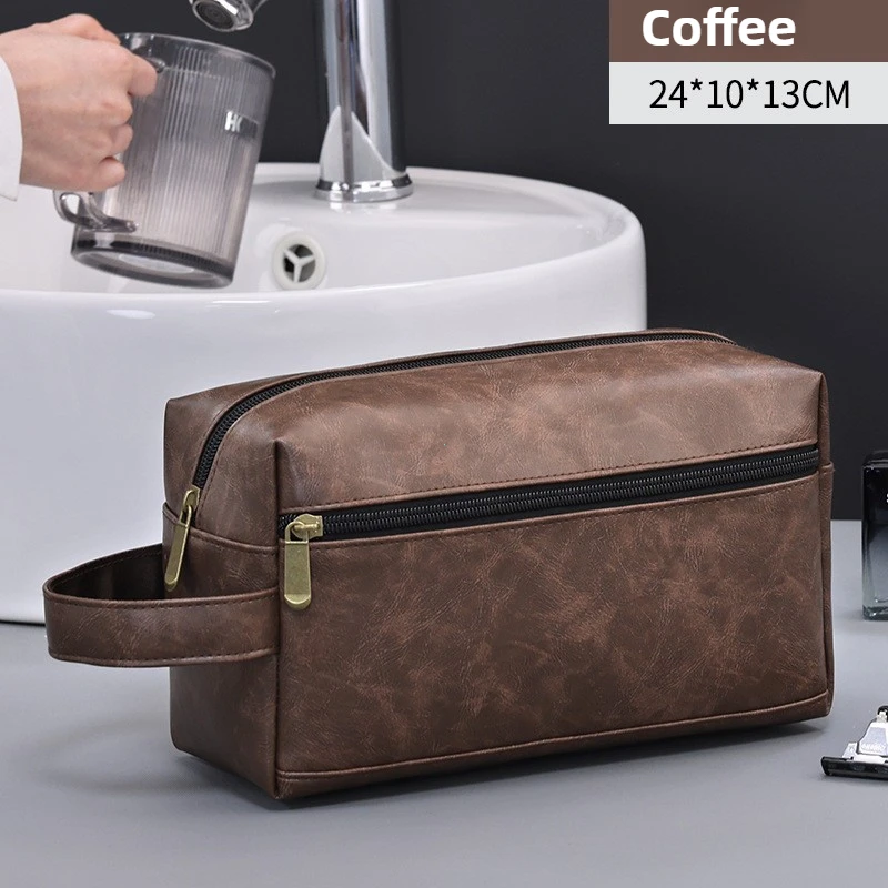 Men Leather Travel Business Shaving Cosmetic Bag Storage Portable Toiletry Bag Large Capacity Organizer Handheld Make Up Bag