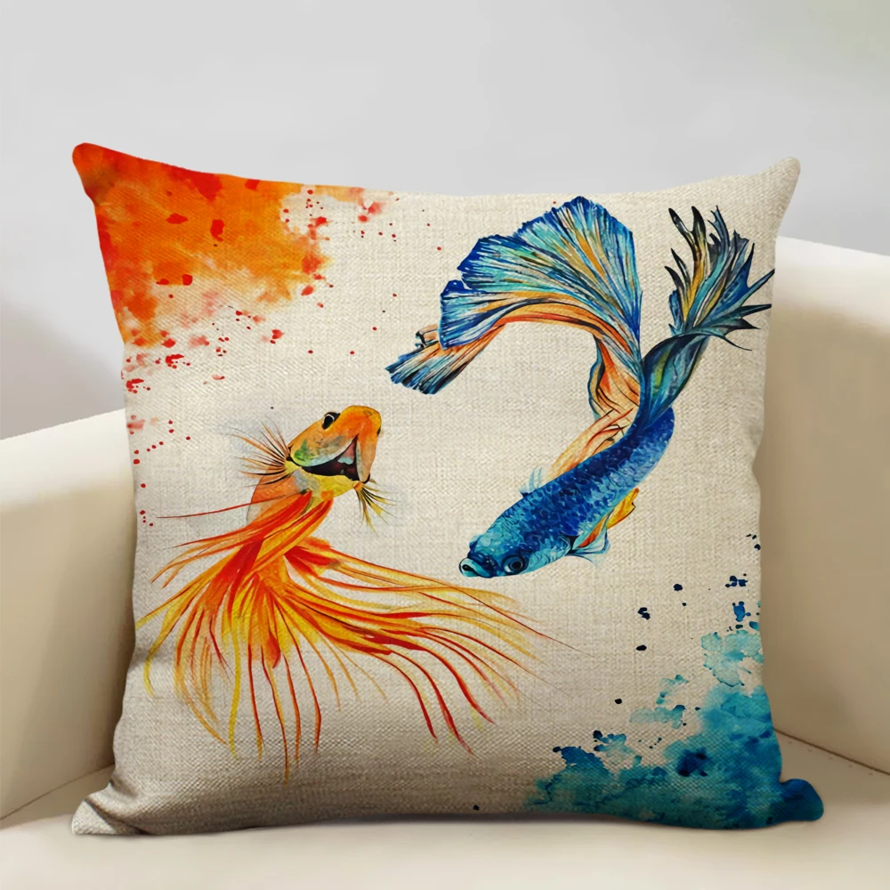 Goldfish pattern linen cushion cover, linen pillow for living room sofa decoration, 45x45cm square, suitable for various scenes