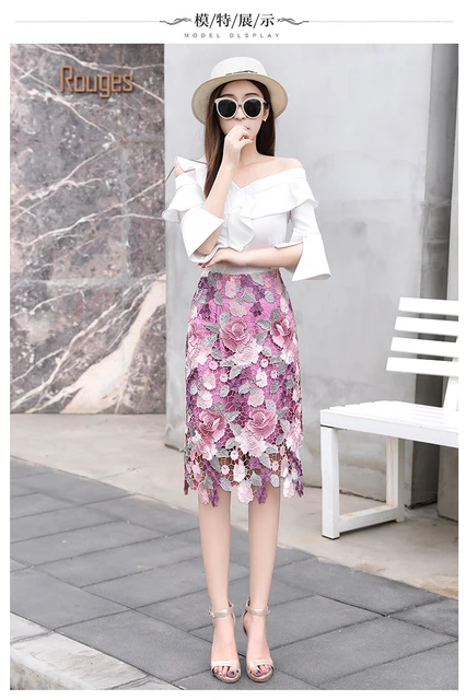 Elegant Chic Fashion Peony Lace Skirt High Waisted Water-soluble  