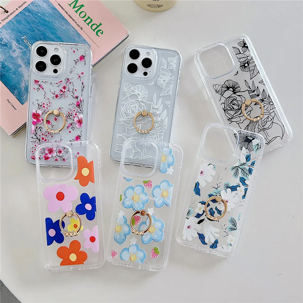 Coque de téléphone transparente avec porte-fleurs de Style coréen, étui Transparent pour iphone 15 14 12 13 11 Pro Max Plus, support Floral mignon pour fille_voghion.com