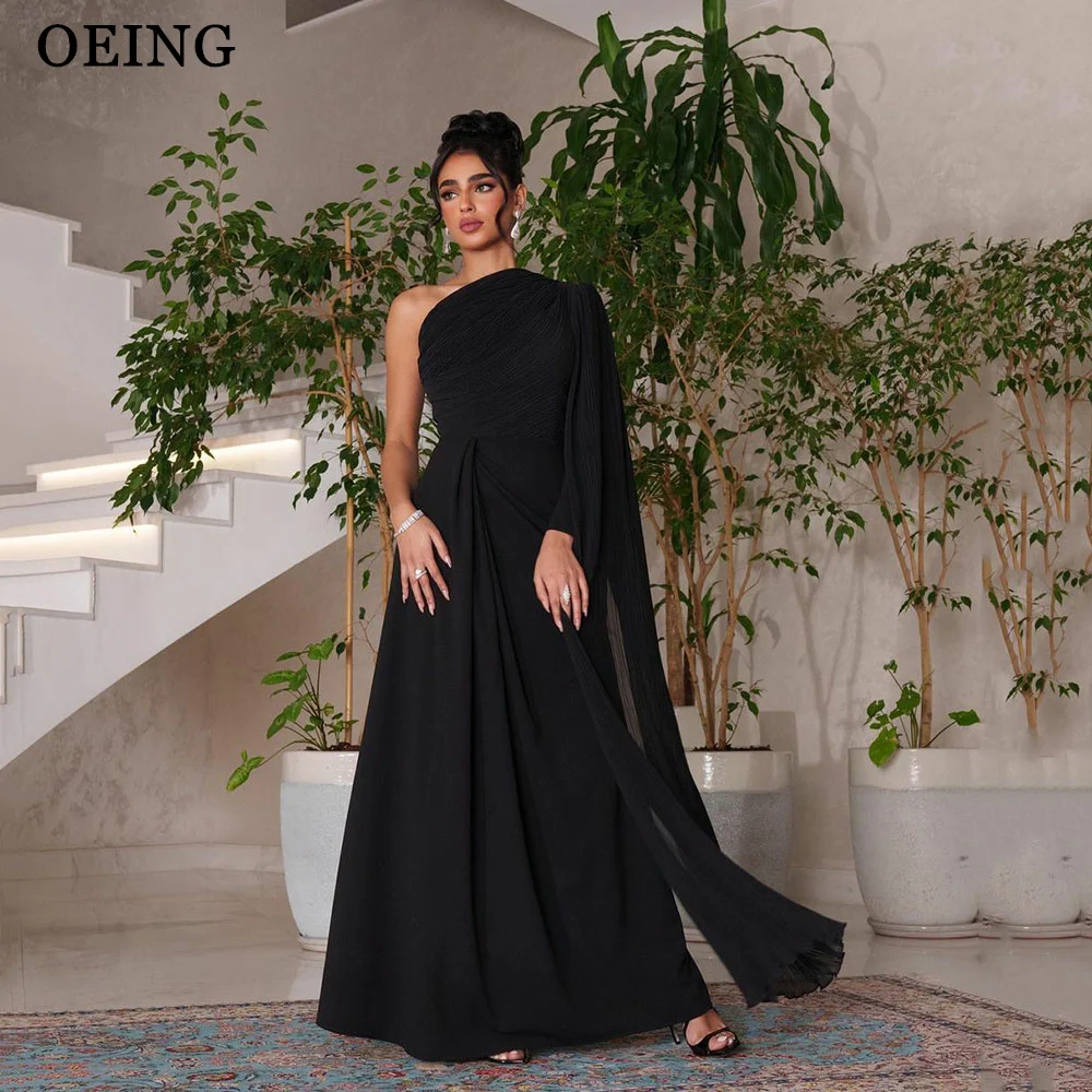 

OEING Simple Black Arabic Women Evening Dresses Vintage One-Shoulder Ankle Length Prom Gowns Formal Party Event Dress With Cape