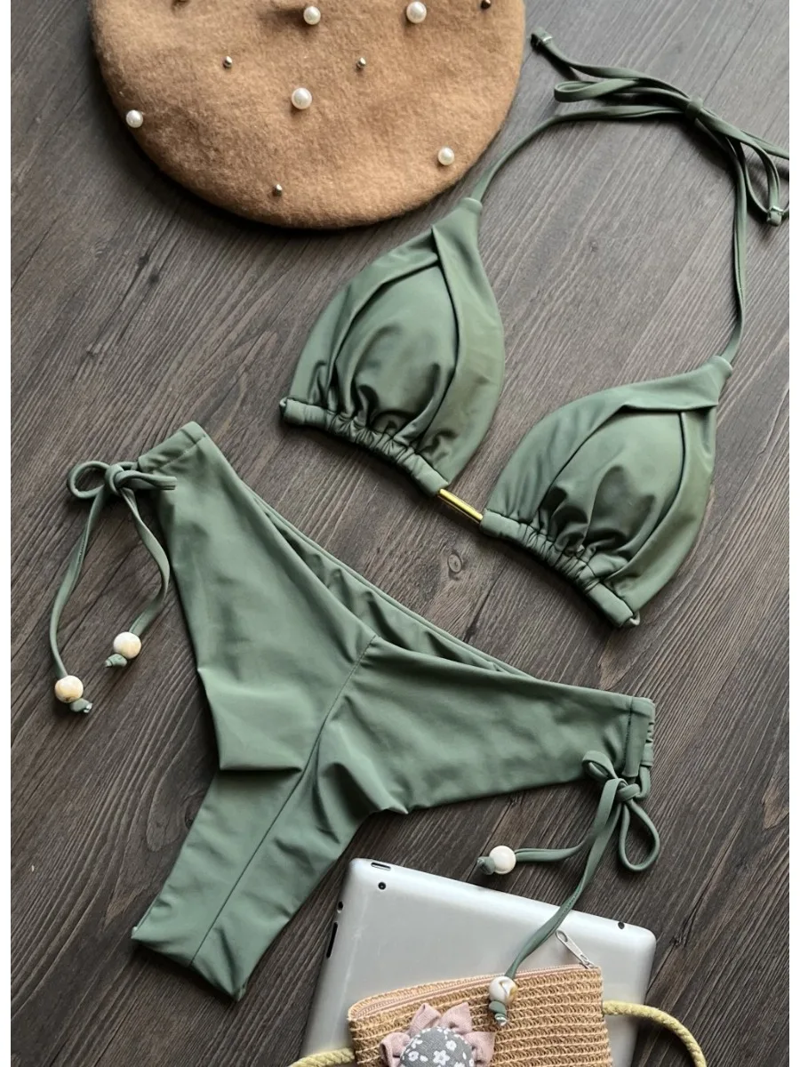 2025 New Swimsuit Women's Solid Color Sexy Two Pieces Bikini Set Triangle Halter Backless Thong Beach Bathing Suit Swimwear