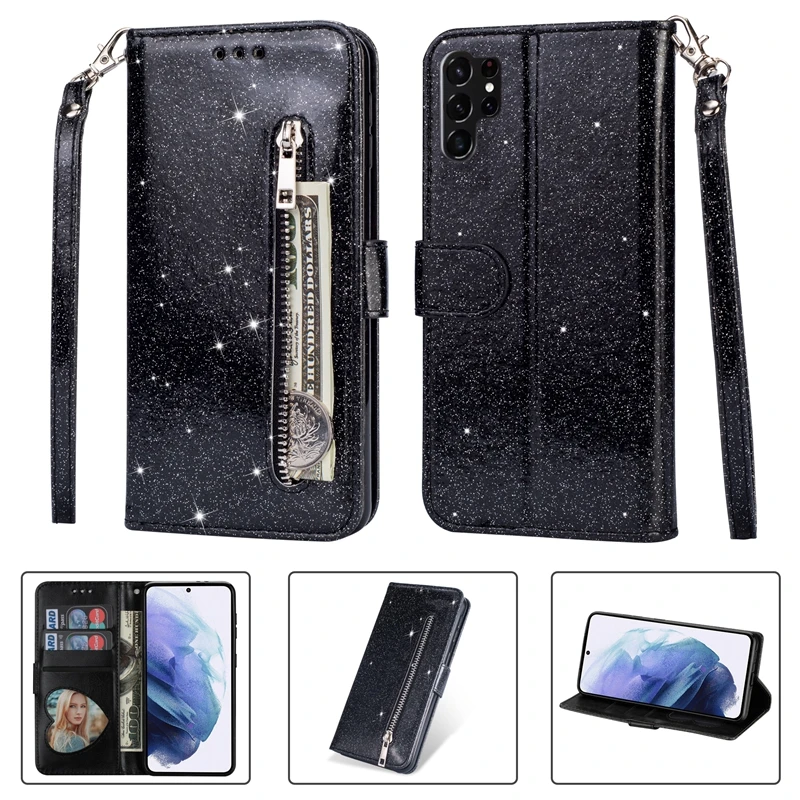 Wallet Glitter Zipper Flip Leather Case For Samsung Galaxy S25 Edge S24 S23 S22 Ultra S21/S20 FE A15 A16 A17 A35 A36 A54 A55 A56