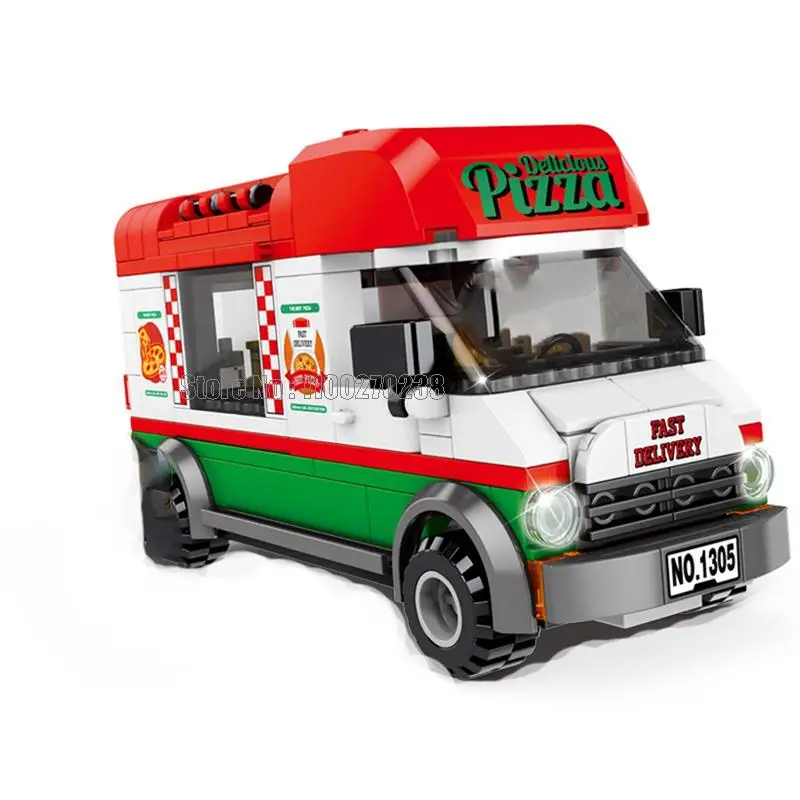 601305   240pcs 도시 피자 밴 상점 거리 테이크 아웃 테이크 아웃 자동차 빠른 배달 2 인형 빌딩 블록 장난감 어린이