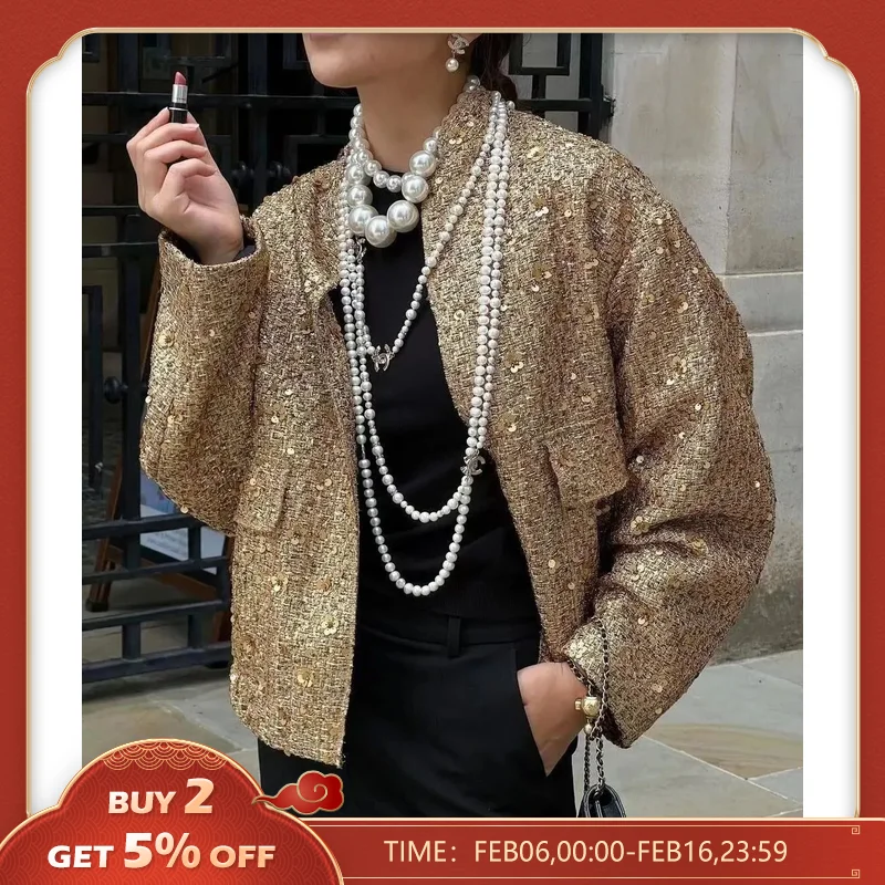 Chaqueta tejida de lentejuelas de Color metálico para mujer, abrigo de manga larga con cuello levantado suelto, prendas de vestir elegantes doradas para mujer, Otoño e Invierno